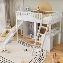 Bunk Bed, Children's Bed, With Safety Rail, Table And Wardrobe, Ample Storage Space, With Four-Step Ladder, Pine+MDF+Plywood, White, 90x200cm - White - View 4