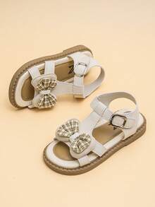 Girls' Summer Soft Sandals: Cream White Plaid Bow Style, Soft Sole, Non-Slip Design, With Convenient Buckle, Ideal For Daily Outings - Champagne - View 8