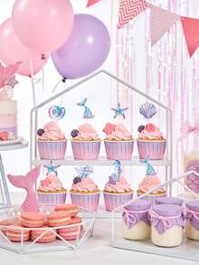 24pcs/12pcs/6pcs/Pack Mermaid Cupcake Toppers - Glitter Mermaid Birthday Decorations Under The Sea Cake Toppers Birthday Party Cake Decorations For Girls Kids Baby Shower,Baby Shower Party Decorations,Party Supplies - Multicolor - View 2