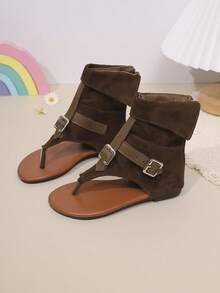 1双女童时尚高帮凉鞋，夏季新款人字拖设计，带搭扣和拉链后跟，时尚优雅的派对鞋款 - 棕色 - 查看 5