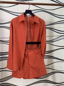 Linen Shirt And Shorts Set (2 Pieces) - Coral Pink - View 1