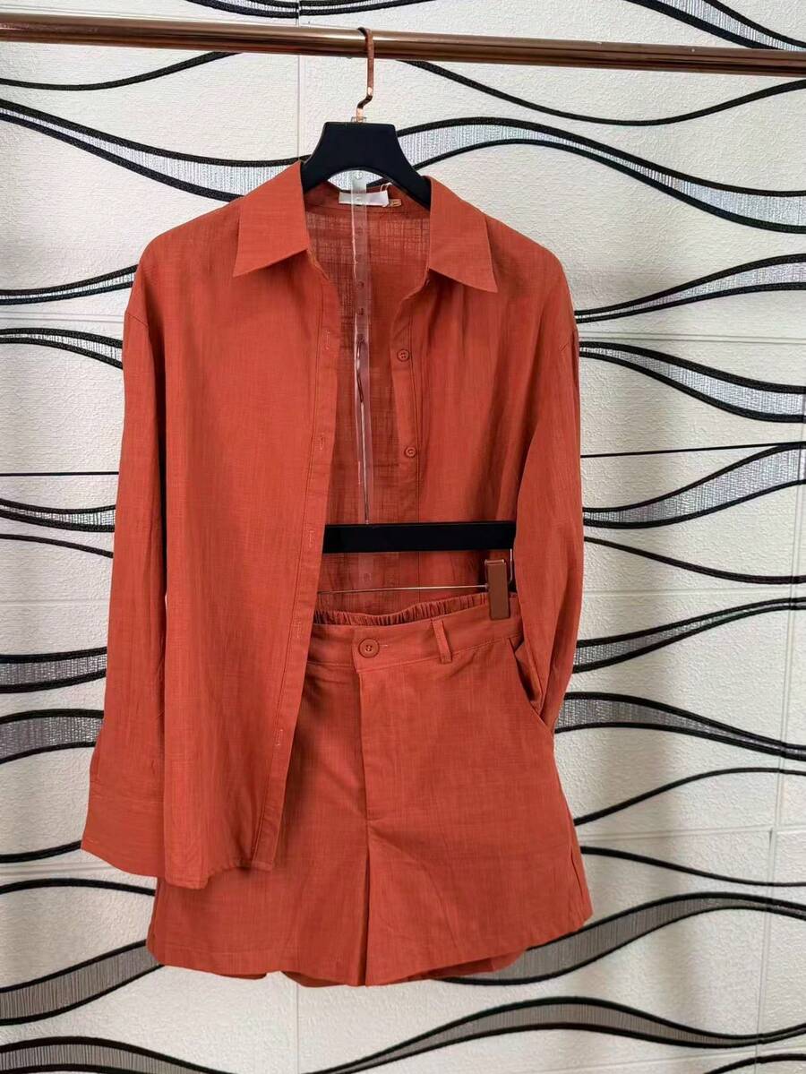 Linen Shirt And Shorts Set (2 Pieces) - Coral Pink - View 1