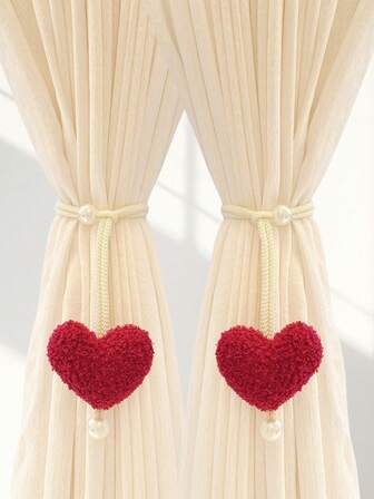 2pcs/1pc Valentine's Day Plush Heart-Shaped Pearl Curtain Tie Backs, Sweet Girly Style Curtain Decor, Adjustable Elasticity, Suitable For Valentine's Day, Bedroom, Living Room, Dining Room, Home Decor, Room Decor, Valentine's Day Decor, Valentine's Day Gift, Valentine's Day Party, Creating Holiday Atmosphere