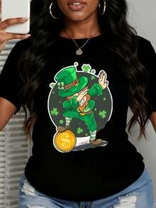 Women St Patrick's Day Theme Leprechaun Dancing With Gold Coin Print Fashion Casual Round Neck T Shirt Soft Comfortable Style For Daily Wear Party Celebration Gift Choice - 黑色 - 查看 1