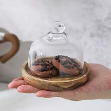 1 set Bandeja redonda mini con tapa de vidrio, plato de postre de base de madera, bandeja de postre - Multicolor - Ver 2