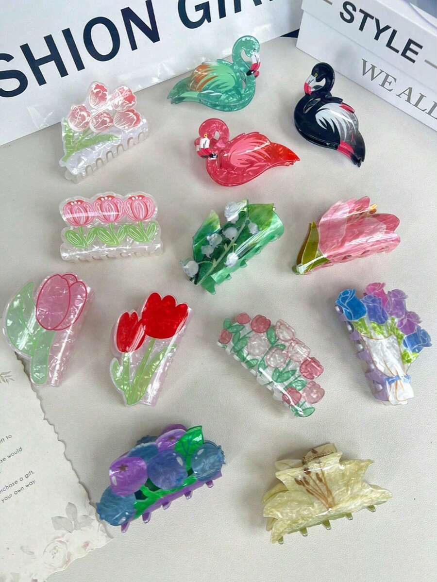 1件套亚克力花朵发夹 - 郁金香、百合、玫瑰发饰，创意独特绿叶发夹，可爱银杏叶发圈装饰，优雅发爪，女士发爪，休闲发夹，优雅发爪夹