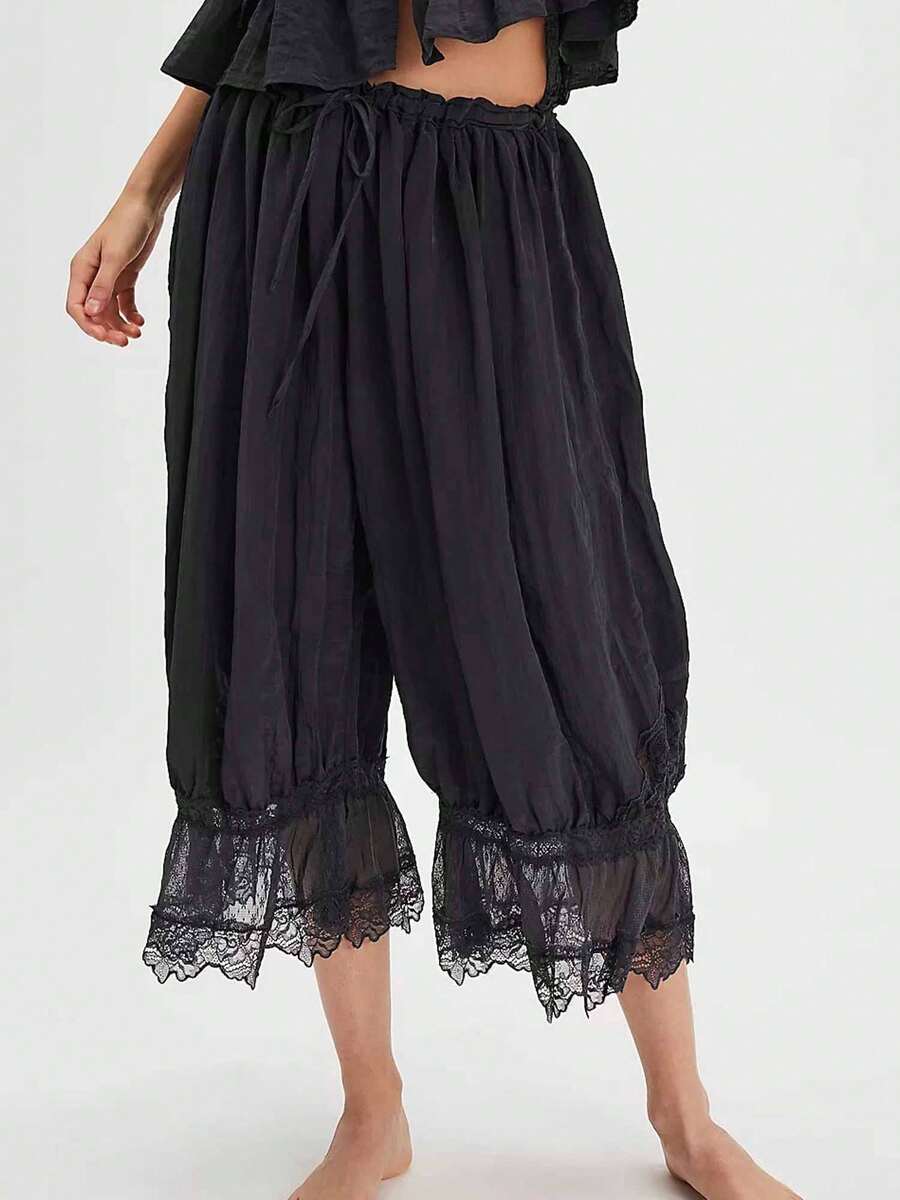 Womens Cropped Pants, Loose Mid Rise Patchwork Lace Lantern Trousers, Casual Streetwear Fashion Pants For Spring Summer Daily Wear - Black - View 1