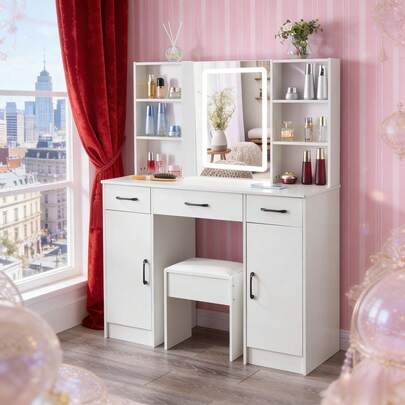 Makeup Desk Large Dressing Table LED Mirror 3 Drawers 2 Cabinets & Stool Vanity