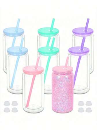 5pcs/Set 16oz Double Wall Glass Cups With Snowball Design, DIY Glitter Mason Jar Cups With Lids, Straws And Silicone Seals - Hand Wash, BPA & PVC Free, Lightweight Plastic Bottles, Suitable For Halloween And Thanksgiving