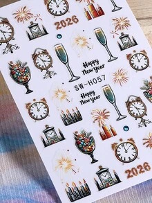 3D Glitter Colorful Fireworks Christmas Nail Stickers 2pcs Clock Tower Clock Candle Champagne Glass Candle Fireworks Design DIY Holographic Y2K Winter Xmas New Year Self-Adhesive Decal Slider Nail Art Decoration Nail Supplies - 彩色 - 查看 5