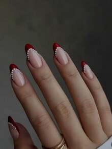10 piezas de uñas postizas con forma de almendra hechas a mano con diseño de ojo de gato rojo y lunares. Presenta pequeñas decoraciones esféricas blancas hechas a mano, combinadas con puntas francesas pintadas a mano con ojo de gato rojo. Estas elegantes, románticas y minimalistas uñas postizas exudan un encanto sofisticado, sexy y lujoso. Perfectas para uso diario, citas, conciertos y ocasiones laborales ligeras, son un excelente regalo para mujeres y niñas. - Multicolor - Ver 11