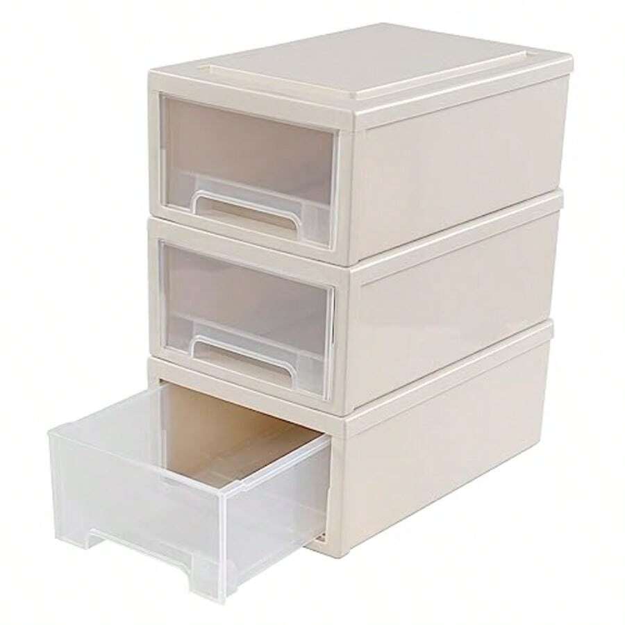 6.8 L Plastic Stacking Storage Drawer Unit Plastic Storage Drawers 3 Packs - Beige - View 1