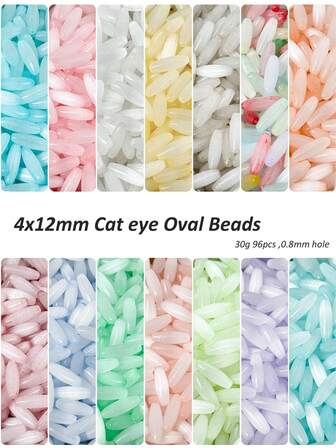 96 piezas de cuentas de vidrio ovaladas de colores de 4x12mm, grado A, piedras preciosas curativas, cuentas de ópalo, cuentas de piedra del sol, cuentas de cymofanita, cuentas de ojo de gato sintético, piedras de energía, cuentas sueltas redondas, cuentas de cristal semiprecioso para hacer joyas, pulseras y collares DIY