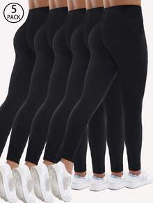 Spring Summer 5 Packs European American Fashion Women's Simple Black Leggings Sports High Stretch Leggings Outdoor Casual Yoga Pants Fall - Black - View 2