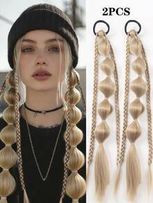 2 Pcs 18-Inch Handmade Fishbone Braid Ponytail With Elastic Bands, Suitable For Women - Multicolor - View 15