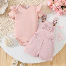 2件套女婴休闲时尚日常甜美可爱粉色针织竖条纹圆领荷叶袖连体衣和粉色编织蝴蝶结刺绣口袋背带短裤套装，夏季 - 粉色 - 查看 2