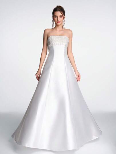 Vestido de noche de cintura alta para mujer Anymoon, decorado con perlas falsas y rhinestones en el busto, para fiesta, primavera, boda, color blanco