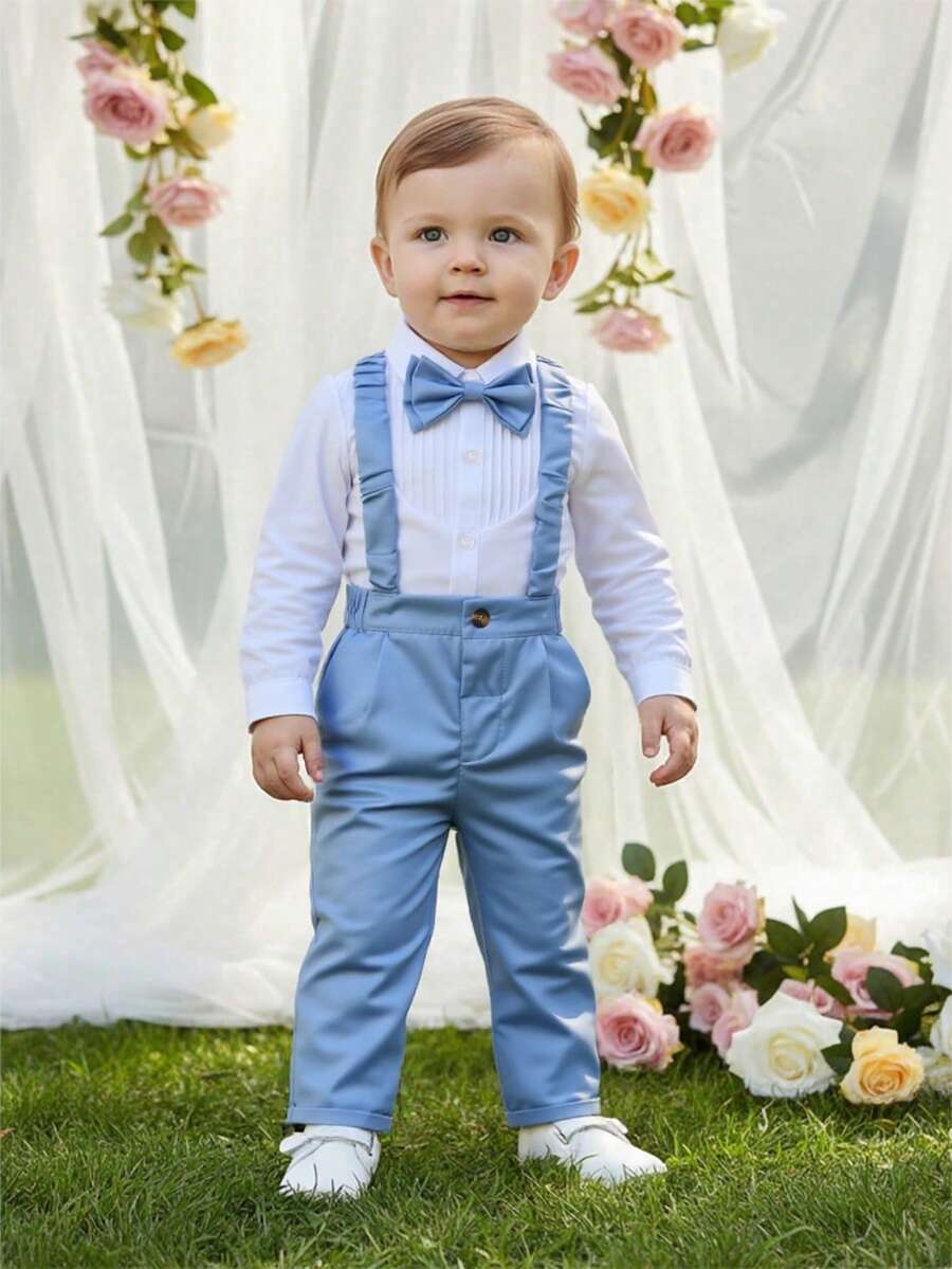 BOARNSEORL 2 piezas Conjunto de caballero para niños pequeños - Camisa de manga larga blanca con moño y pantalones con tirantes, de moda y para fiesta de cumpleaños, evento formal, boda, bautizo, 1er cumpleaños