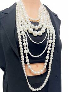 1pc Multi-Layer ABS Pearl Necklace, White Jewelry, Luxury Gift For Women, Suitable For Party, Wedding, Prom, School - White 7-layer Long Pearl Necklace - View 2