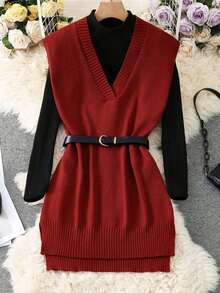 Nueva Elegante y Estilosa Chaleco de Punto sin Mangas con Cuello en V, Versátil para el Trabajo y el Uso Casual - Burdeos - Ver 1