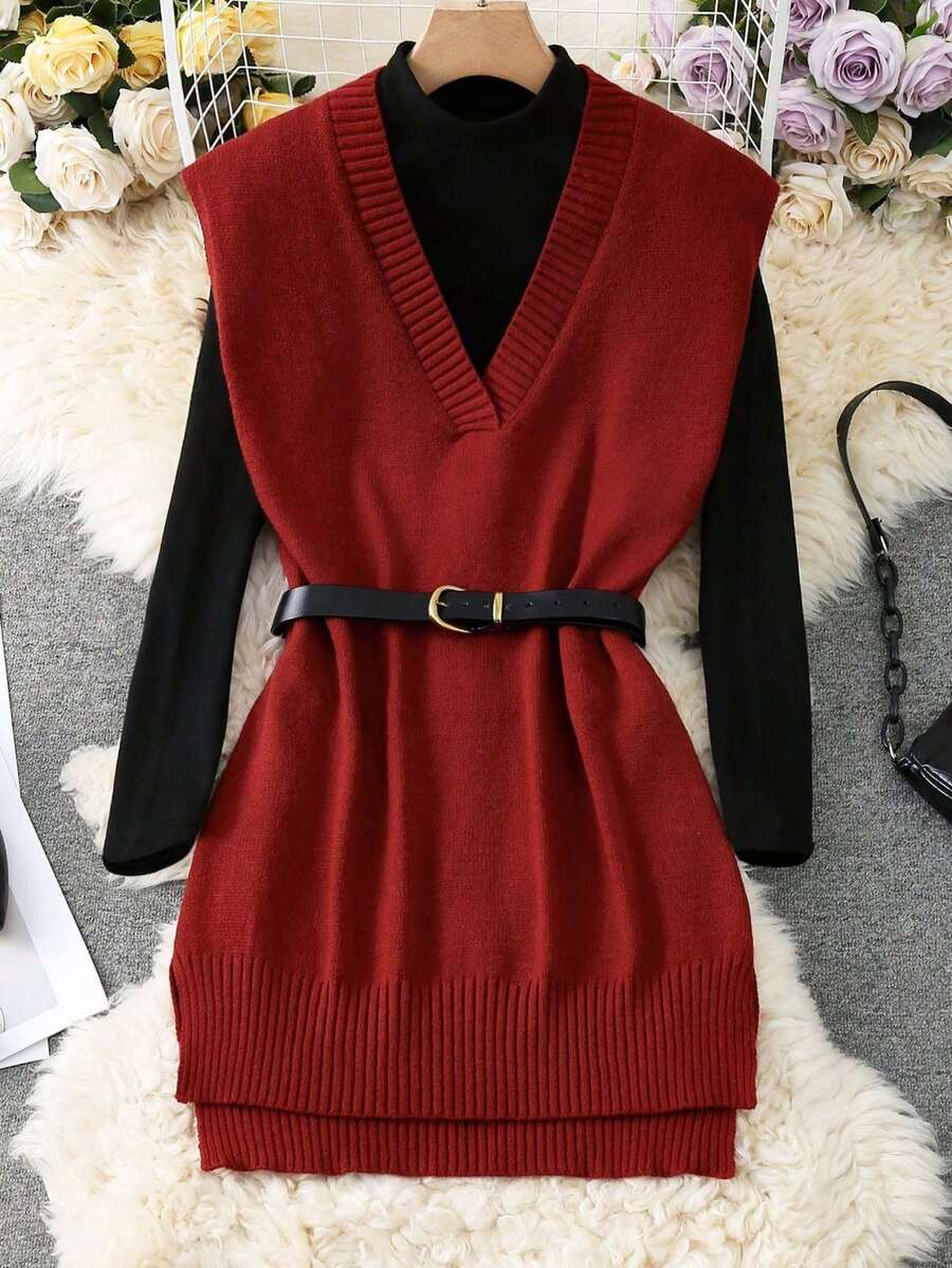 Nueva Elegante y Estilosa Chaleco de Punto sin Mangas con Cuello en V, Versátil para el Trabajo y el Uso Casual - Burdeos - Ver 1