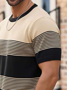 男士条纹休闲圆领短袖针织上衣 - 黑色 - 查看 5