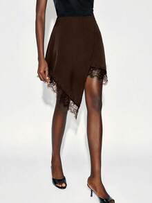 优雅女士不对称及膝半身裙，撞色蕾丝细节，梭织面料，休闲时尚设计 - 咖啡棕 - 查看 3