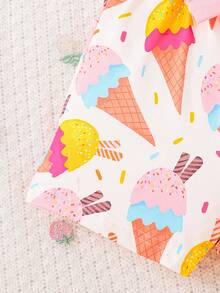 2pcs Baby Girl Cartoon Ice Cream Print Sleeveless Top And Matching Allover Print Shorts Set, Spring/Summer - Pink - View 10