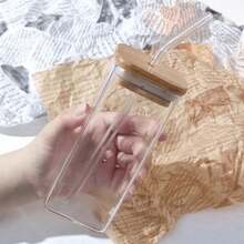 1pc 400ml Square Heat-Resistant Glass Cup With Lid And Straw, Transparent, Suitable For Tea, Juice, Home Bar Drinkware, Back To School Supplies - Multicolor - View 11