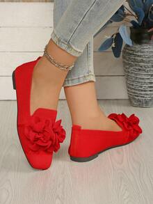女士红色休闲套脚鞋，饰有花朵图案，时尚度假风方头鞋 - 紅色 - 查看 4
