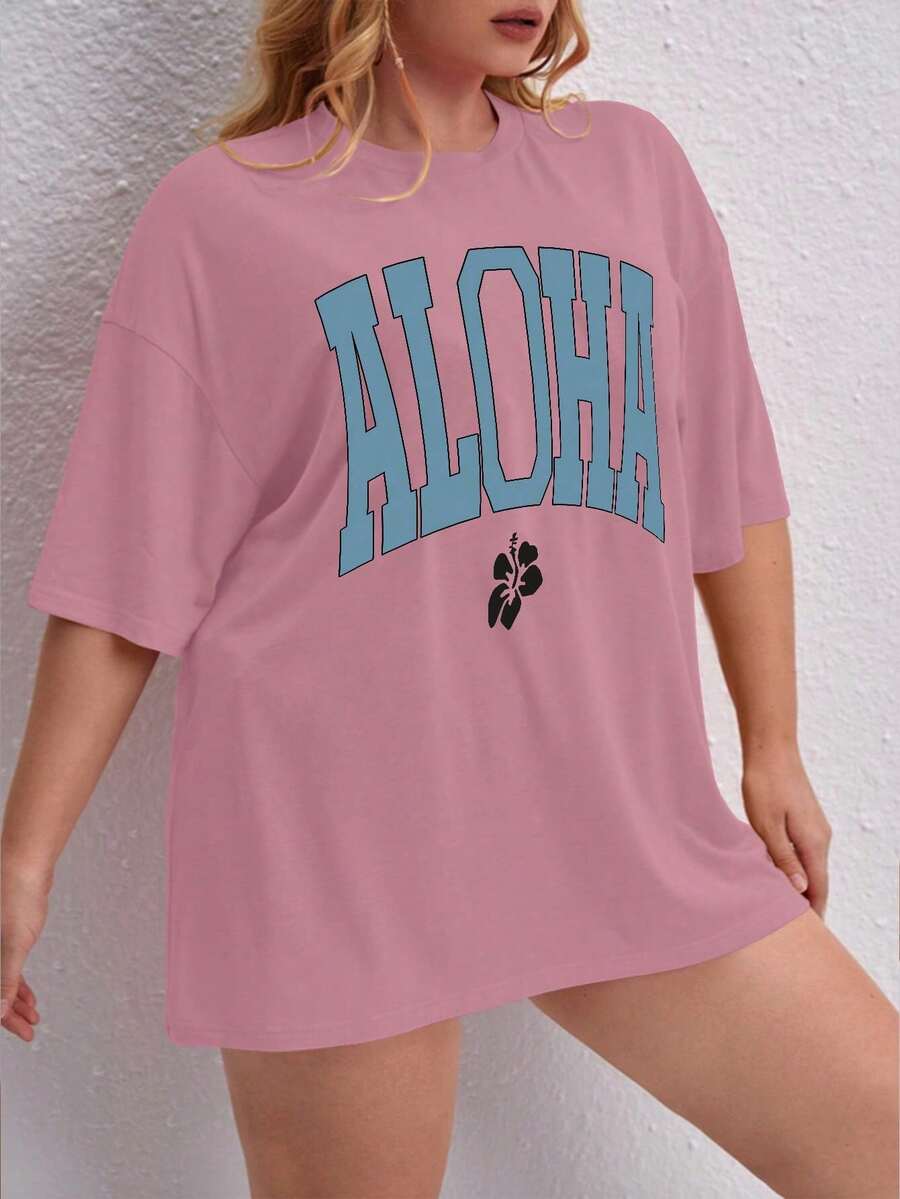 Oversized Printed Aloha Flower T-Shirt, Summer/Spring Short Sleeve Blouse, Lightweight Gym Wear - Rosa Pálido - Ver 1