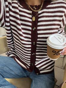 Women's Simple Commuter Round Neck Color Block Striped Button Knit Cardigan Sweater, New Year - Multicolor - View 3
