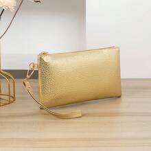 Women's Fashion Wrist Pouch, Caviar Gold PU Clutch Wallet, Convenient Long Coin Purse Phone Organizer, Versatile Evening Bag - Gold - View 3