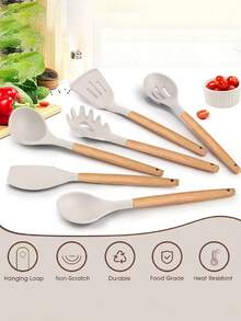 12件套硅胶烹饪用具套装，包括防刮铲、汤勺、汤匙、食物夹、刷子、打蛋器、夹子；木柄不粘锅具，多功能防刮烘焙厨房小工具，不粘耐热易清洗，可用洗碗机清洗，现代厨房用品，节日送礼佳品！ - 彩色 - 查看 3