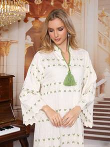 2026 New Style Ramadan Traditional Elegant Embroidered Butterfly Abaya Dress, Green Tassel V-Neck Eid - White - View 6