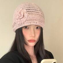 Women's Crochet Cap With Floral Accents, Cute And Sheer, Simple Design For Spring And Summer, Beige - Black - View 1