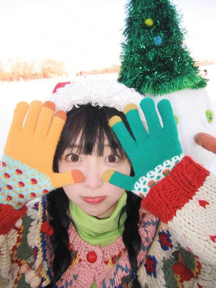 1双女士针织手套，可爱提花保暖内衬冬季手套，适合学生，可用于户外活动和日常佩戴，秋冬季 - 毛線手套 - 查看 8