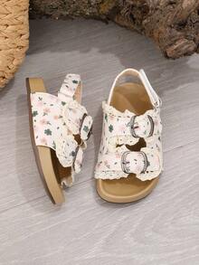1 Pair Ballet Style Girls Sandals, New Summer Kids Ditsy Floral Toddler Open Toe Beach Shoes, Princess Shoes - Beige - View 7