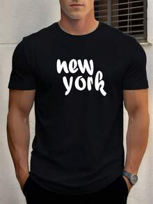 Camiseta gráfica para hombres; Nueva York; Camiseta casual de verano negra con letras blancas. Manga corta. Cuello redondo. Ligero; Transpirable para atuendos casuales. Camiseta de uso diario, camiseta gráfica llamativa, ajuste cómodo - Negro - Ver 8