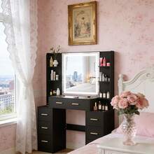 Large Black Dressing Table With Smart LED Mirror 7 Drawers Makeup Vanity Desk UK - Black - View 5