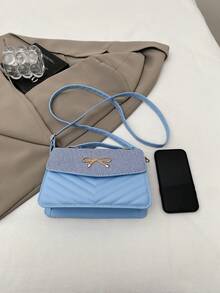 新款时尚斜纹格纹单肩包，韩版简约时尚斜挎包，百搭小方包 - 藍色 - 查看 3