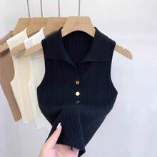 1pc French Style Women Faux Collar With Metal Buckle, Knitted Sleeveless Short Crop Top Undershirt Outerwear Detachable Collar