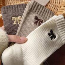 Women's Embroidered Bow Crew Socks, Versatile Autumn/Winter Mid-Calf Socks