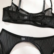Black Sheer Lace Bra And Panty Lingerie Set, Includes Garter Belt And Stockings, Comfortable Stretch, Valentine's Day Gift, Romantic Night - Black - View 7