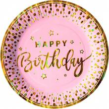 50 Pz Plato Cartón Premium Pastelero Happy Birthday Hb Rojo Confeti Oro - Hb Rosa Confeti Oro - Ver 6