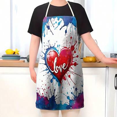 1pc Graffiti Heart Pattern Printed Apron, 100% Polyester, Sleeveless, Neck Strap Design, Suitable For Cooking, Baking And Entertainment, Great For Home, Restaurant, Party, Outdoor BBQ, Baking Apron | Vibrant Apron | Polyester Apron | Printed Apron