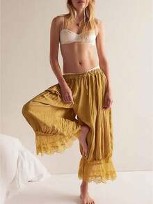 Womens Cropped Pants, Loose Mid Rise Patchwork Lace Lantern Trousers, Casual Streetwear Fashion Pants For Spring Summer Daily Wear - 黃色 - 查看 1