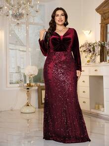 XUIBOL Đầm dạ hội dài tay dáng chữ A cổ chữ V đính sequin cỡ lớn, chất liệu nhung, thoải mái, phù hợp với nhiều dáng người, cổ chữ V, tay dài, ôm sát, dáng đuôi cá, thiết kế độc đáo, màu trơn, thanh lịch và sang trọng. - Màu Đỏ Sâu - Xem 5