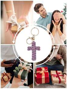 Cross Keychain Macrame Woven Jesus Keyring Christian Bag Charm Car Accessory Boho Gift For Women Men Holiday Birthday Wedding Party Favor Sister Friend - 彩色 - 查看 12