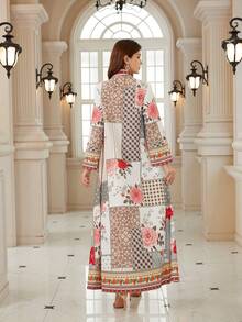 优雅女士V领长袖波西米亚印花连衣裙，采用梭织面料制成，展现活力四射的波西米亚风情。 - BX09 - 查看 6